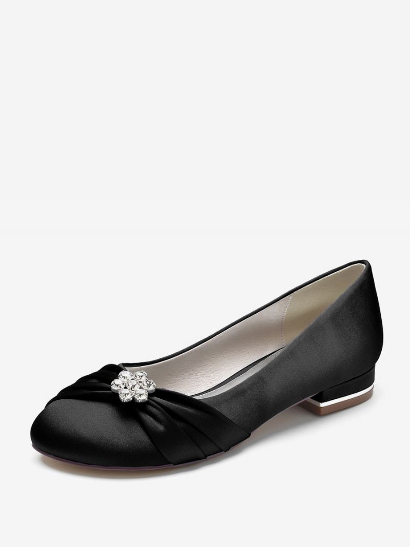 Flate Bryllupssko For Kvinner Sateng Rund Tå Rhinestones Flat Mother Of The Bride Sko - Sort