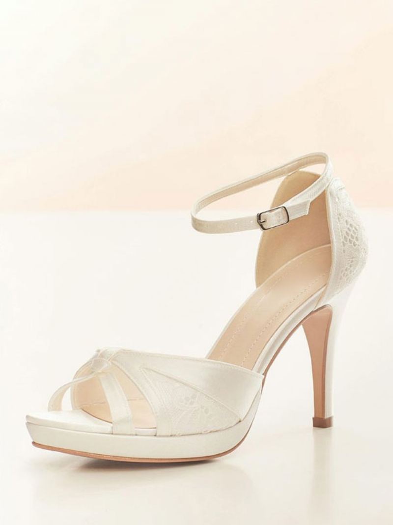 Hvite Bryllupssko For Kvinner Peep Toe Blondedetalj Ankelstropp Brude Pumps