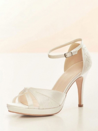 Hvite Bryllupssko For Kvinner Peep Toe Blondedetalj Ankelstropp Brude Pumps