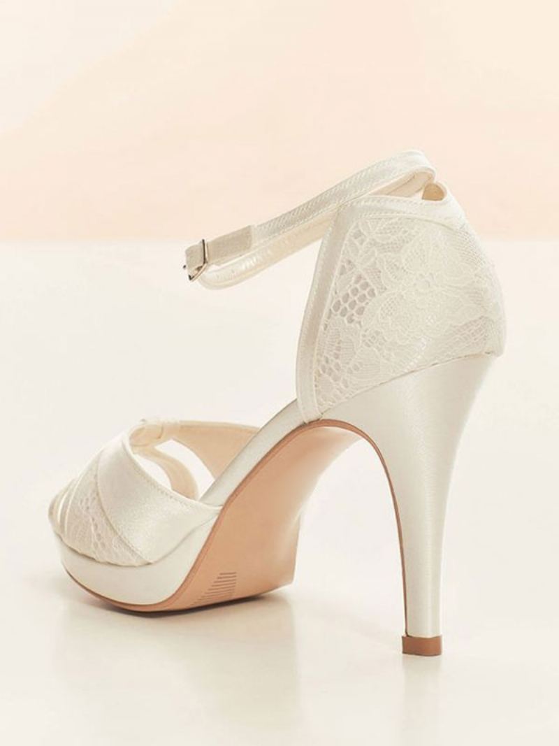 Hvite Bryllupssko For Kvinner Peep Toe Blondedetalj Ankelstropp Brude Pumps - Hvit