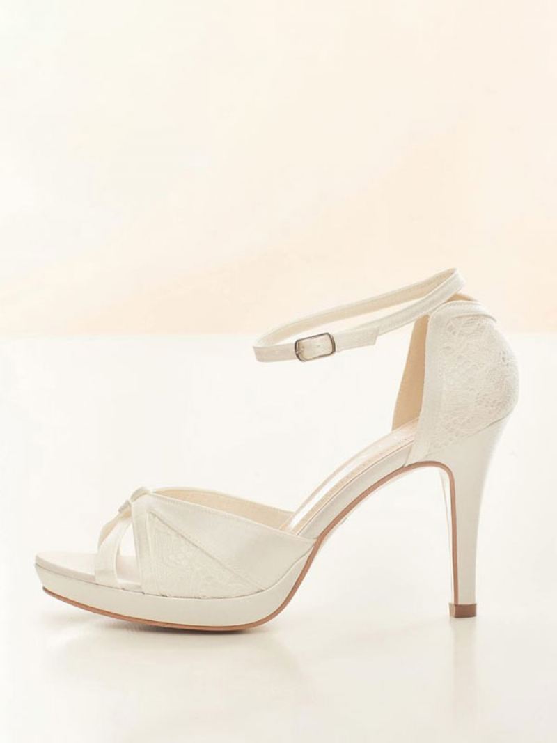 Hvite Bryllupssko For Kvinner Peep Toe Blondedetalj Ankelstropp Brude Pumps - Hvit