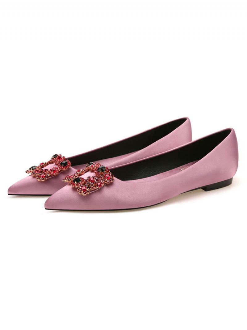 Kveldssko For Kvinner Svart Sateng Spisstå Metalldetaljer Rhinestone Evening Flats Festsko - Rosa