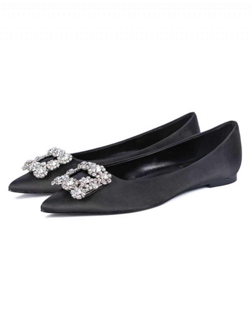 Kveldssko For Kvinner Svart Sateng Spisstå Metalldetaljer Rhinestone Evening Flats Festsko - Sort