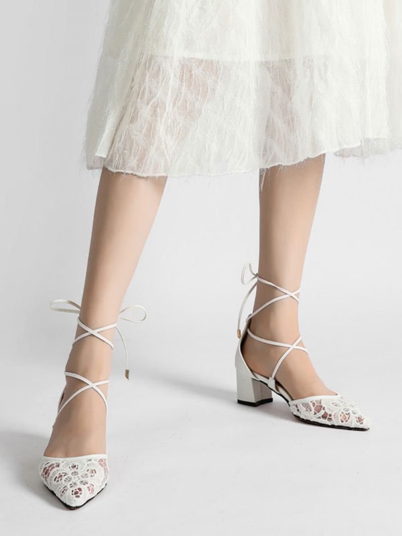 Kvinners Blonder Strappy Block Heel Brude Dorsay Pumps - Hvit