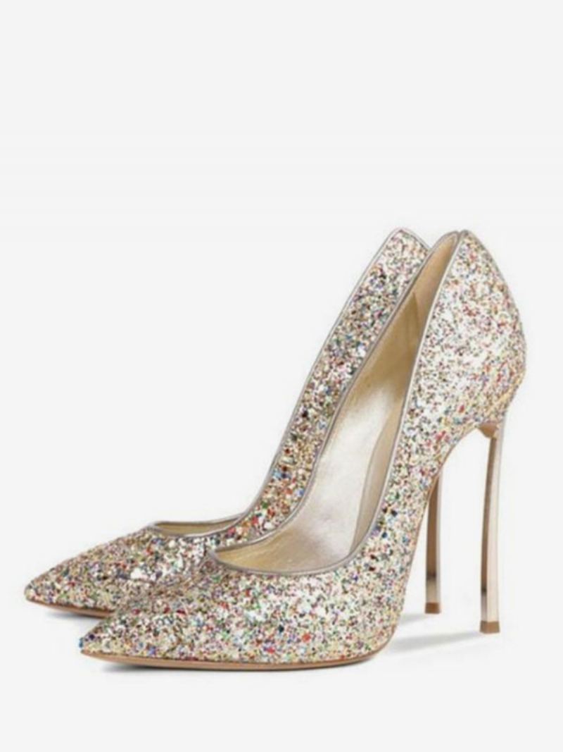 Kvinners Glitter Høyhælte Pumps Evening Heels Prom Sko - Lyst Gull