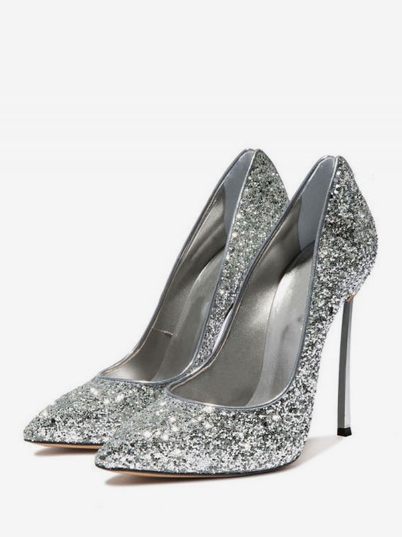 Kvinners Glitter Høyhælte Pumps Evening Heels Prom Sko - Sølv