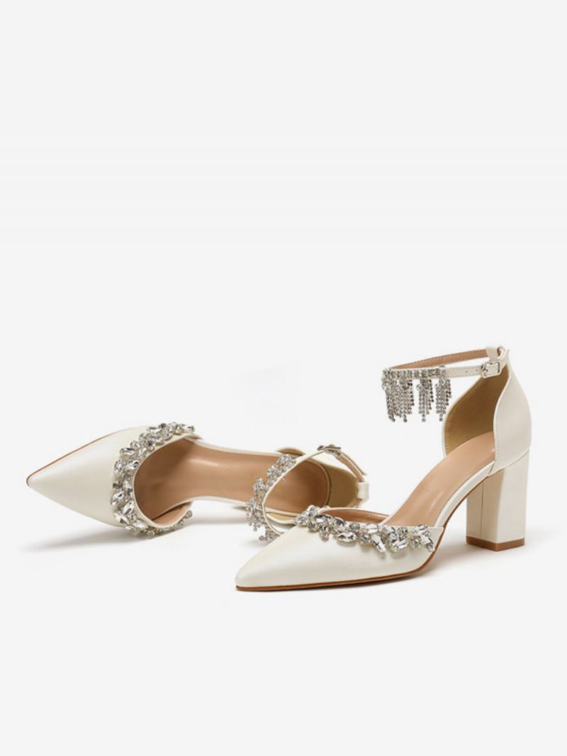 Kvinners Hvite Bryllupssko Rhinestones Spiss Tå Ankelstropp Brude Pumps - Beige