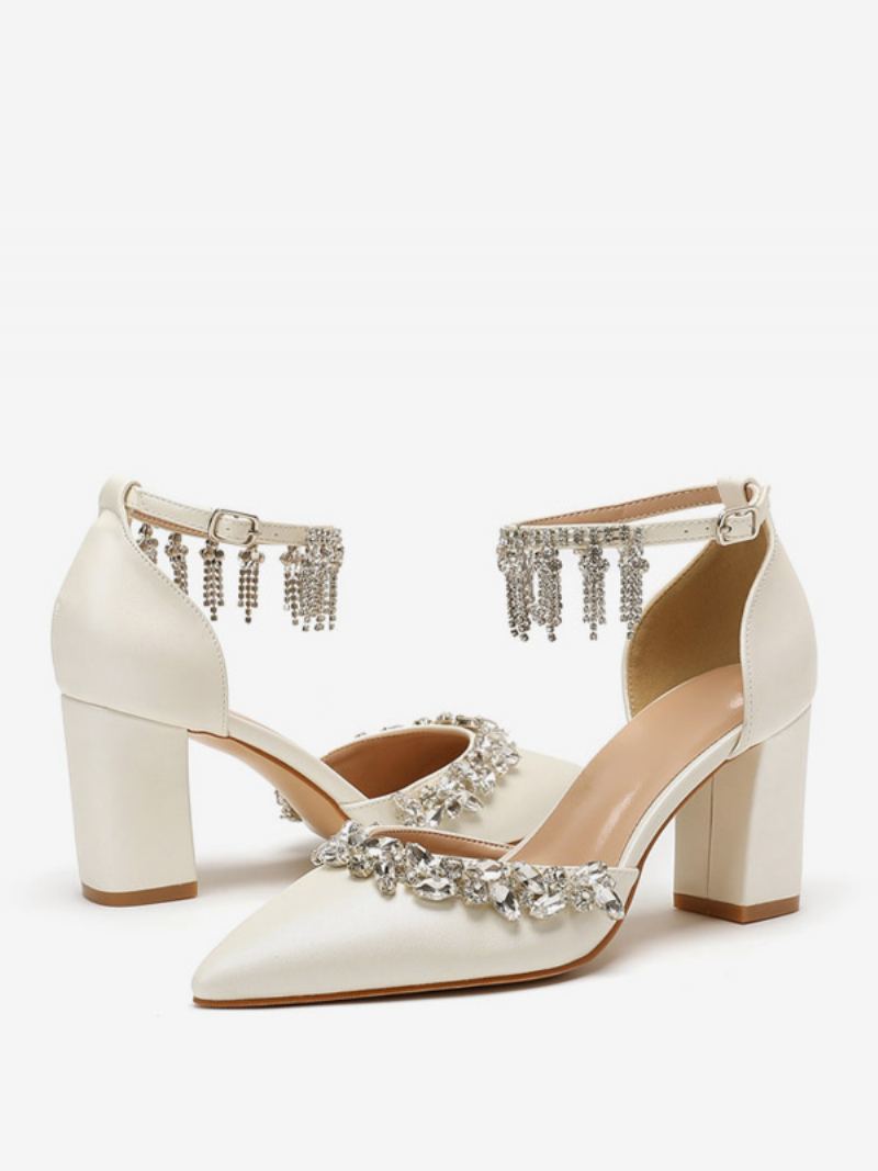 Kvinners Hvite Bryllupssko Rhinestones Spiss Tå Ankelstropp Brude Pumps - Beige