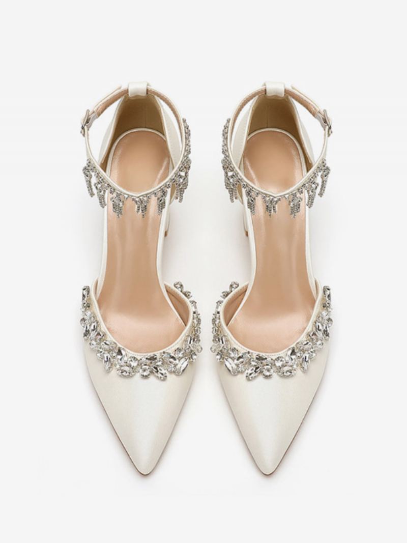 Kvinners Hvite Bryllupssko Rhinestones Spiss Tå Ankelstropp Brude Pumps - Beige