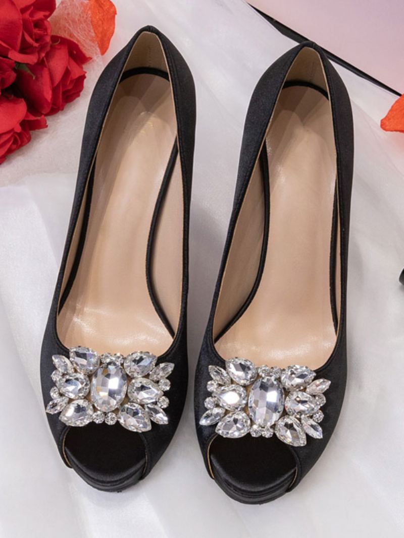 Kvinners Peep Toe Rhinestone Brudesko Pumps Med Hæl - Svart