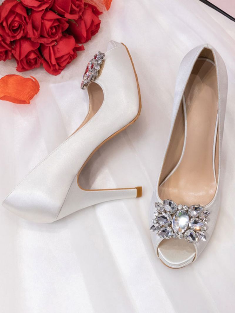 Kvinners Peep Toe Rhinestone Brudesko Pumps Med Hæl - Hvit