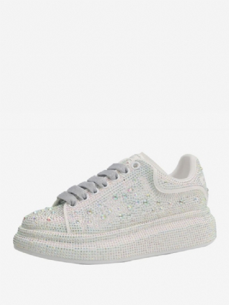 Sneakers For Kvinner Hvit Rhinestones Snøre Sko