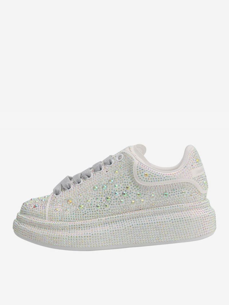 Sneakers For Kvinner Hvit Rhinestones Snøre Sko - Hvit