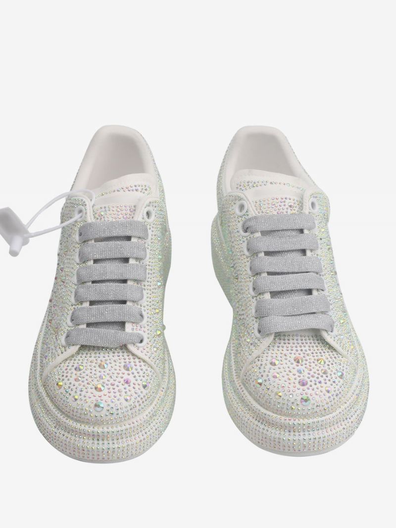 Sneakers For Kvinner Hvit Rhinestones Snøre Sko - Hvit