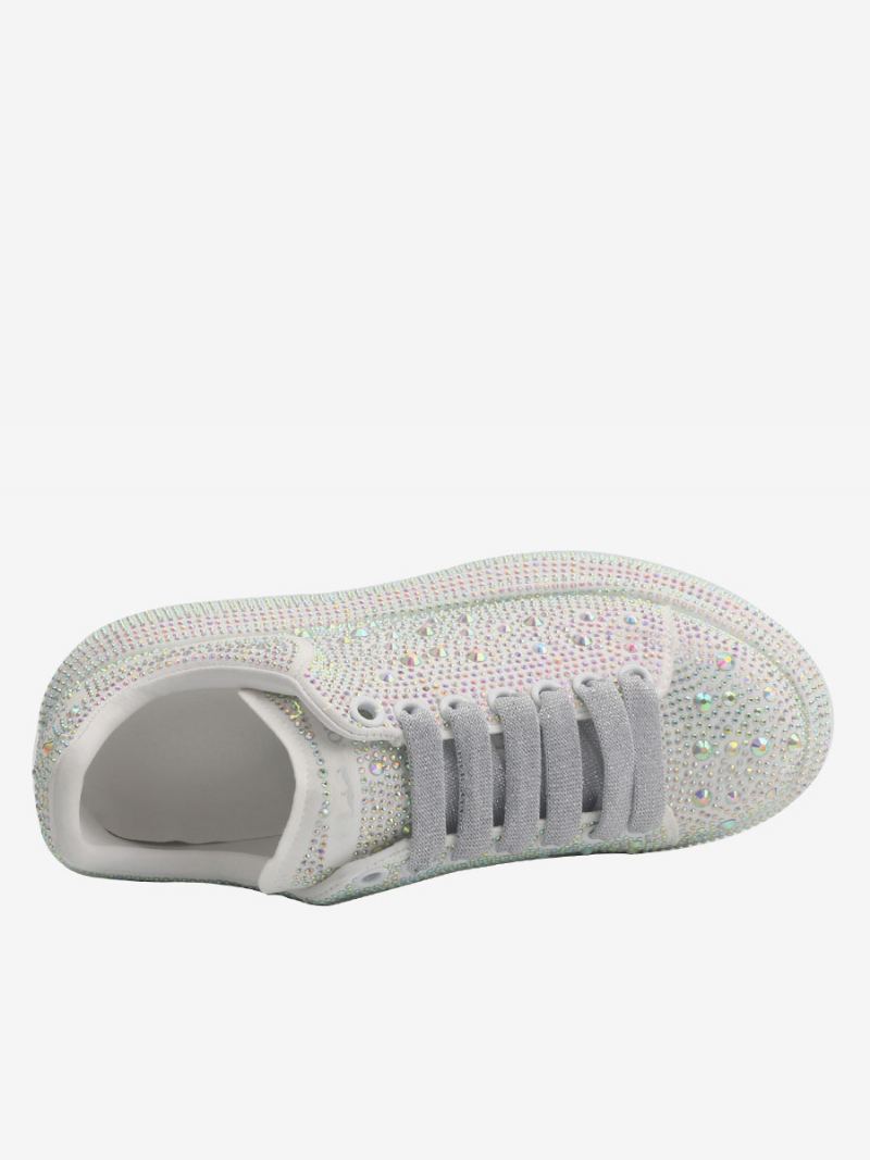 Sneakers For Kvinner Hvit Rhinestones Snøre Sko - Hvit