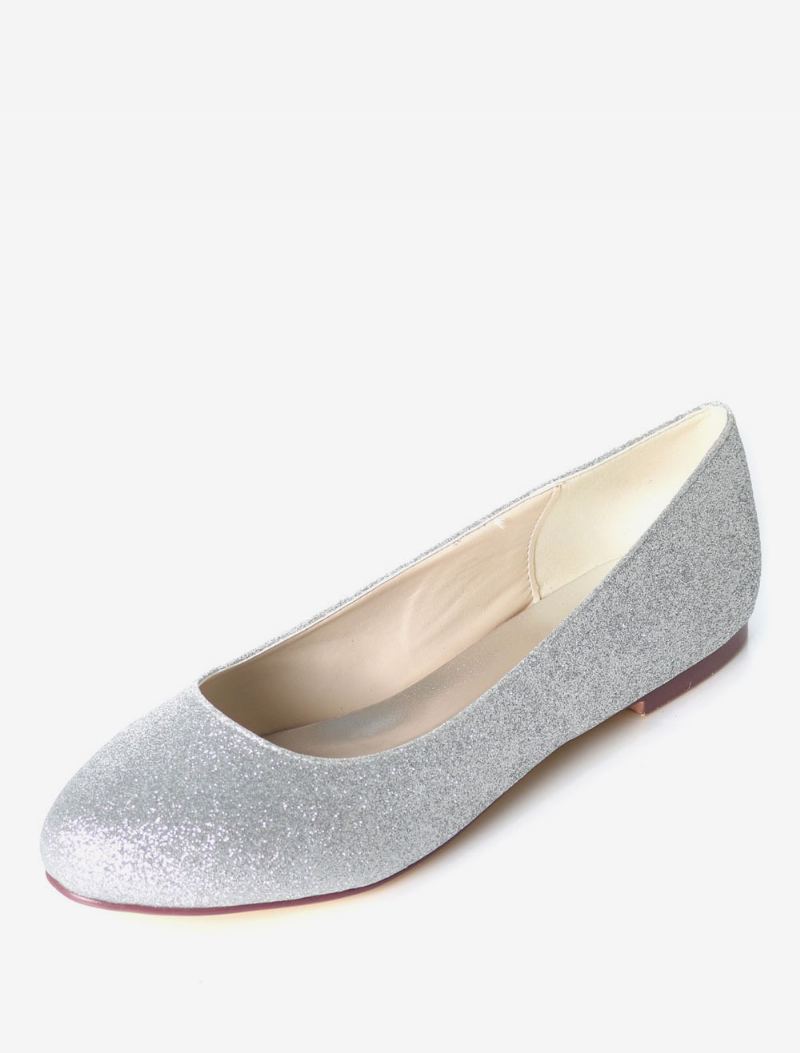 Sølv Bryllup Sko Glitter Rund Toe Slip On Brudepike Dame Ballett Flats