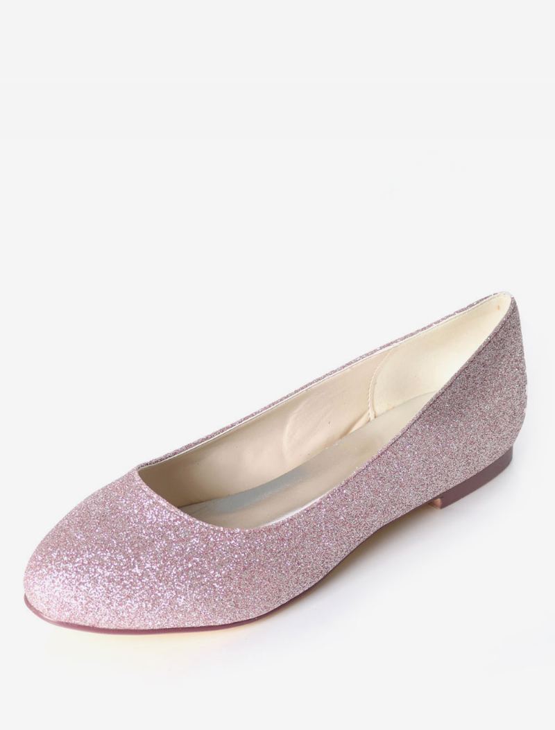 Sølv Bryllup Sko Glitter Rund Toe Slip On Brudepike Dame Ballett Flats - Syrin