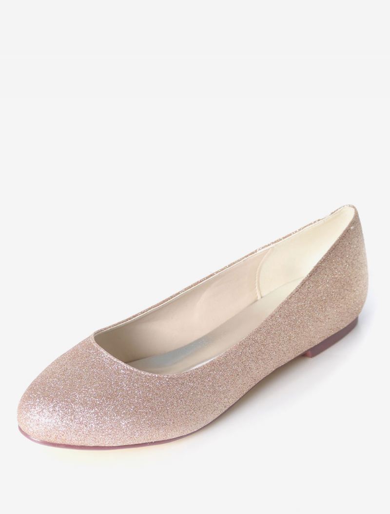 Sølv Bryllup Sko Glitter Rund Toe Slip On Brudepike Dame Ballett Flats - Champagne