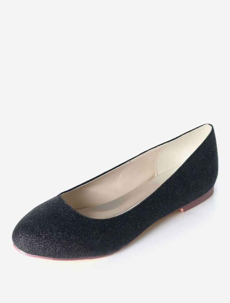 Sølv Bryllup Sko Glitter Rund Toe Slip On Brudepike Dame Ballett Flats - Sort