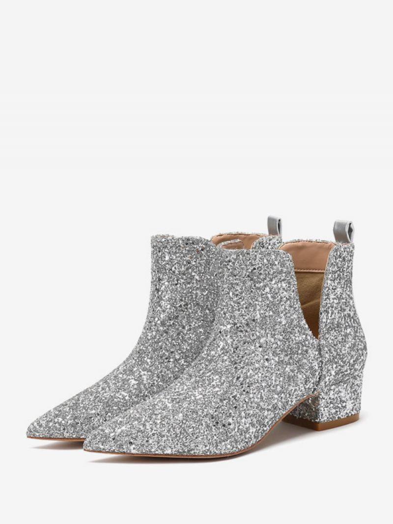 Sølvbryllupssko For Kvinner Square Toe Glitter Block Heel Ankelstøvletter