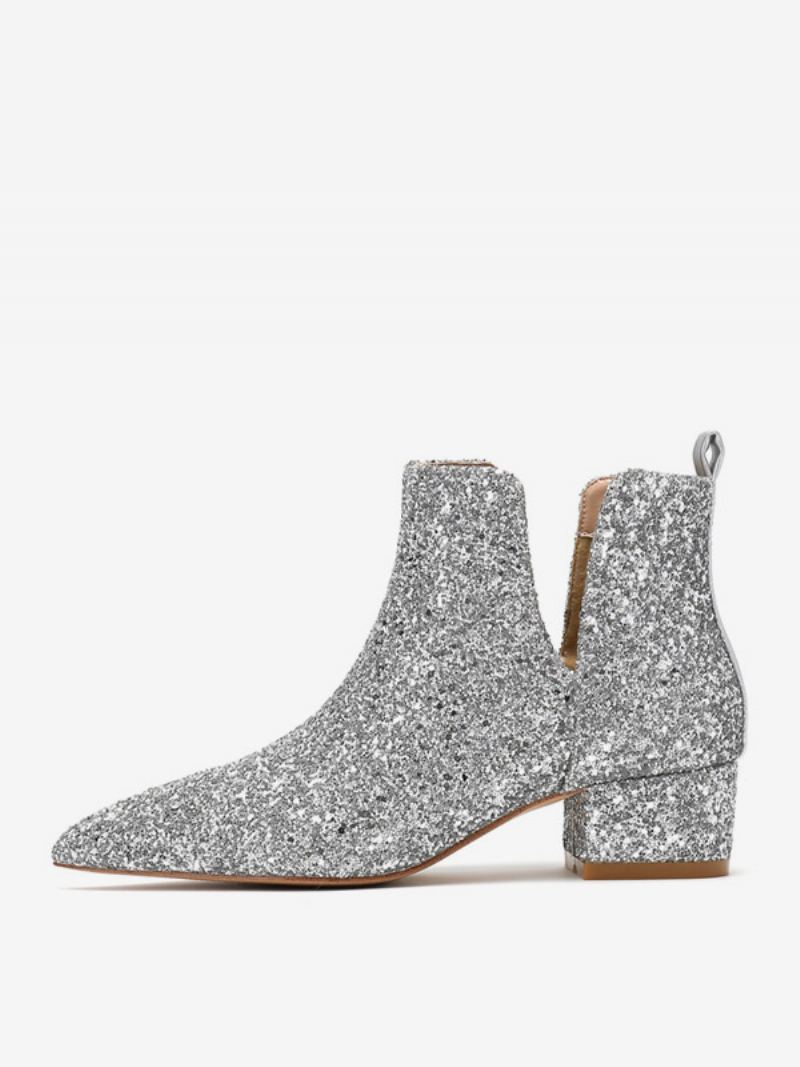 Sølvbryllupssko For Kvinner Square Toe Glitter Block Heel Ankelstøvletter - Sølv