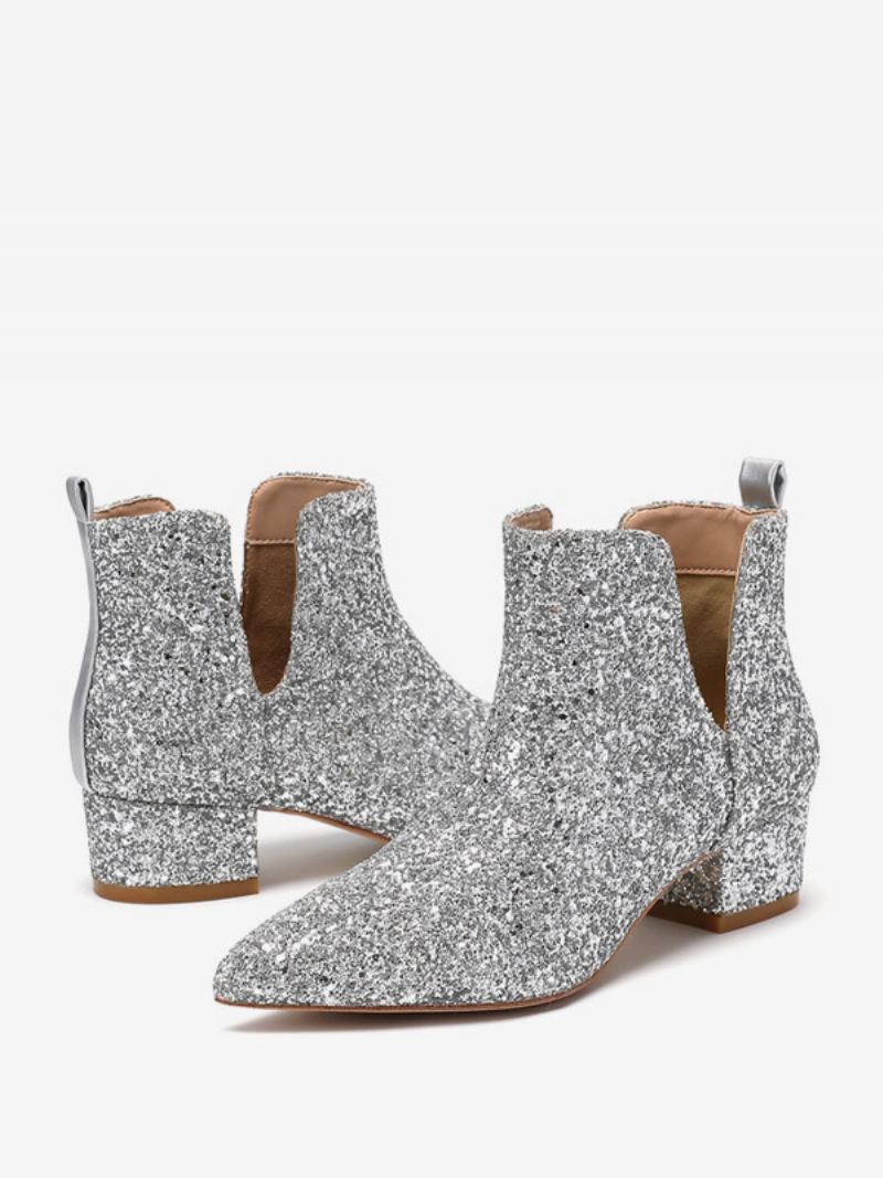 Sølvbryllupssko For Kvinner Square Toe Glitter Block Heel Ankelstøvletter - Sølv