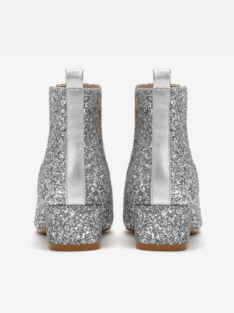 Sølvbryllupssko For Kvinner Square Toe Glitter Block Heel Ankelstøvletter - Sølv