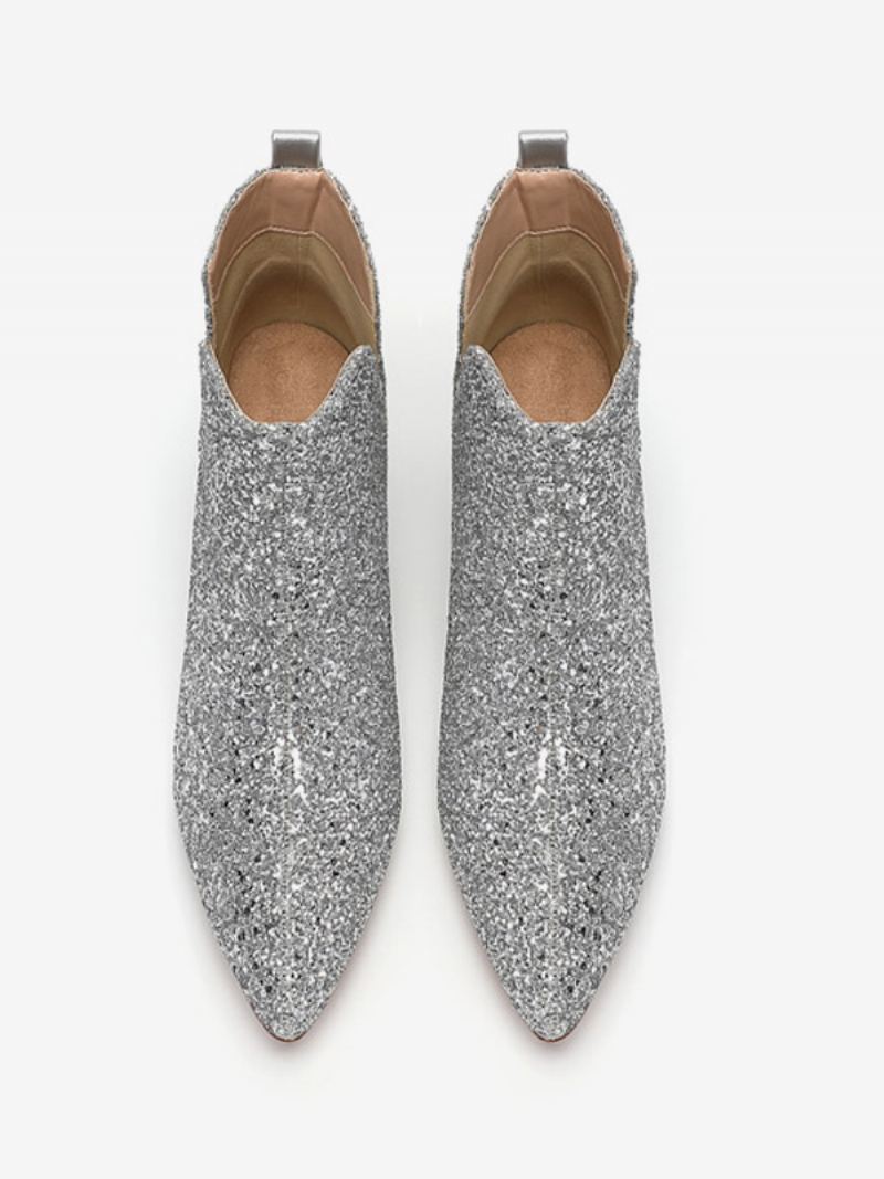 Sølvbryllupssko For Kvinner Square Toe Glitter Block Heel Ankelstøvletter - Sølv