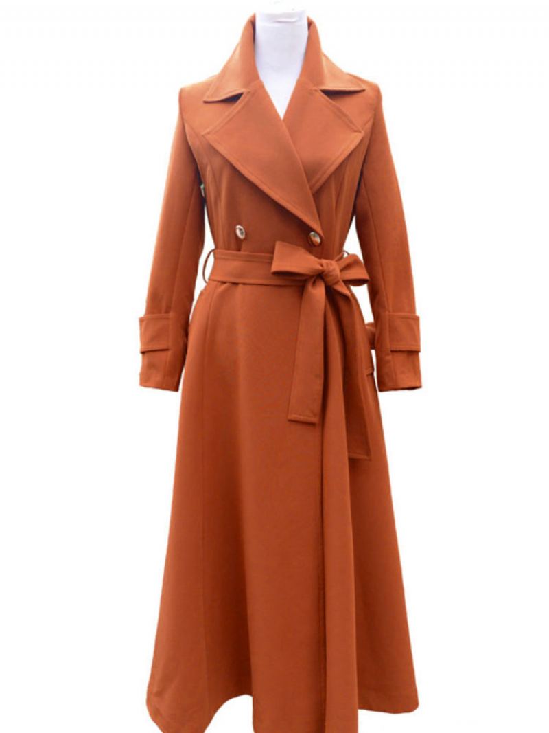 Kvinner Yttertøy Oransje Rød V-hals Langermet Sash Stretch Casual Maxi Coat - Oransje Rød