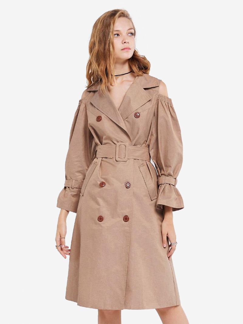 Kvinners Khaki Trench Coat Hakk Lapel Belted Lommer Overcoat