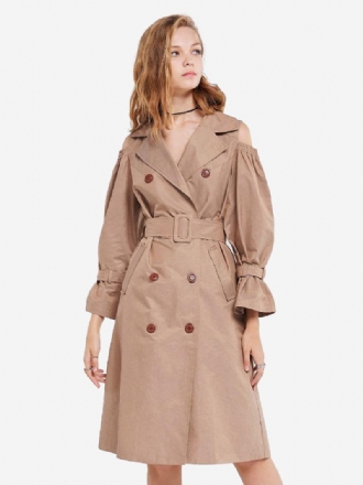 Kvinners Khaki Trench Coat Hakk Lapel Belted Lommer Overcoat