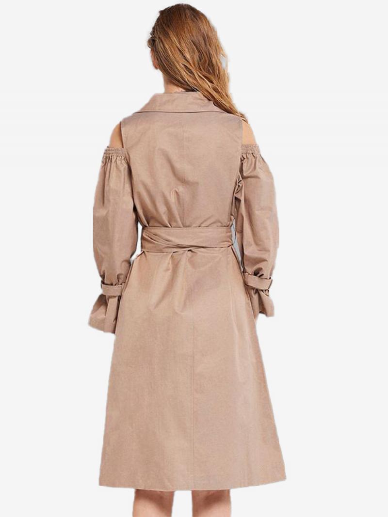 Kvinners Khaki Trench Coat Hakk Lapel Belted Lommer Overcoat - Kaki