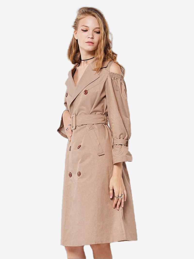 Kvinners Khaki Trench Coat Hakk Lapel Belted Lommer Overcoat - Kaki