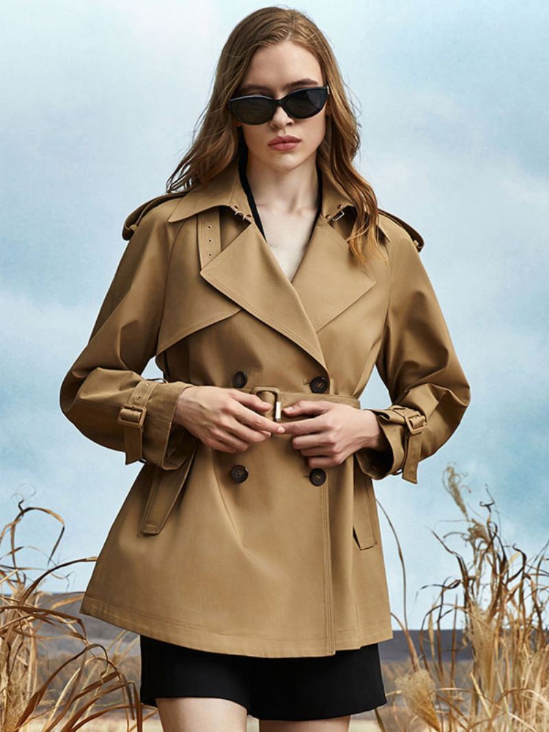 Kvinners Trench Coat Asymmetrisk Turndown Krage Sash Langermet - Kaki