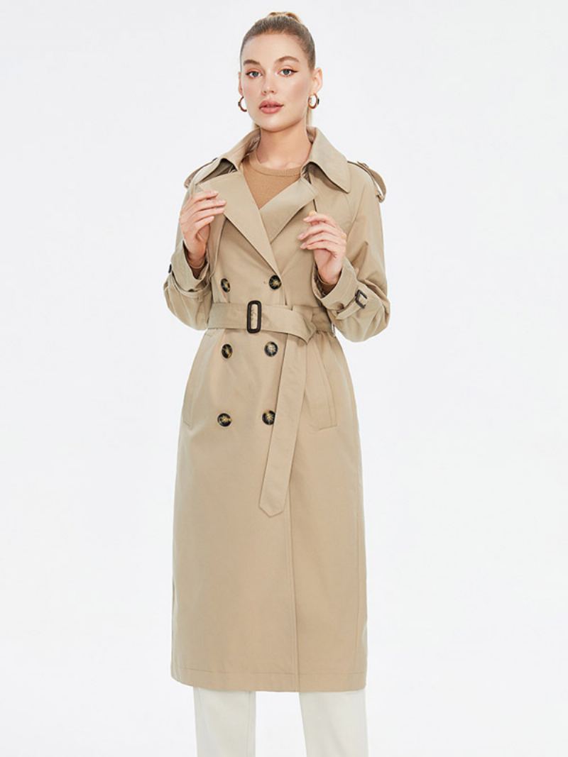 Kvinners Trench Coat Turndown-krage Dobbeltspent Beltede Yttertøy - Khaki