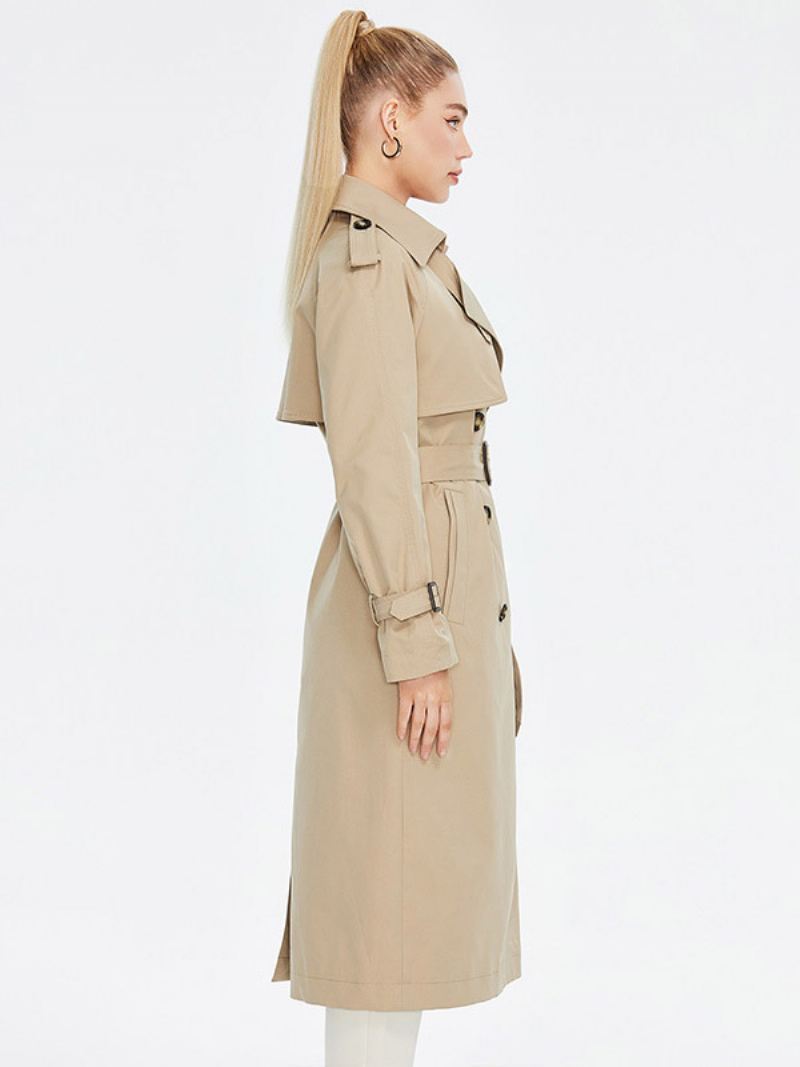 Kvinners Trench Coat Turndown-krage Dobbeltspent Beltede Yttertøy - Khaki