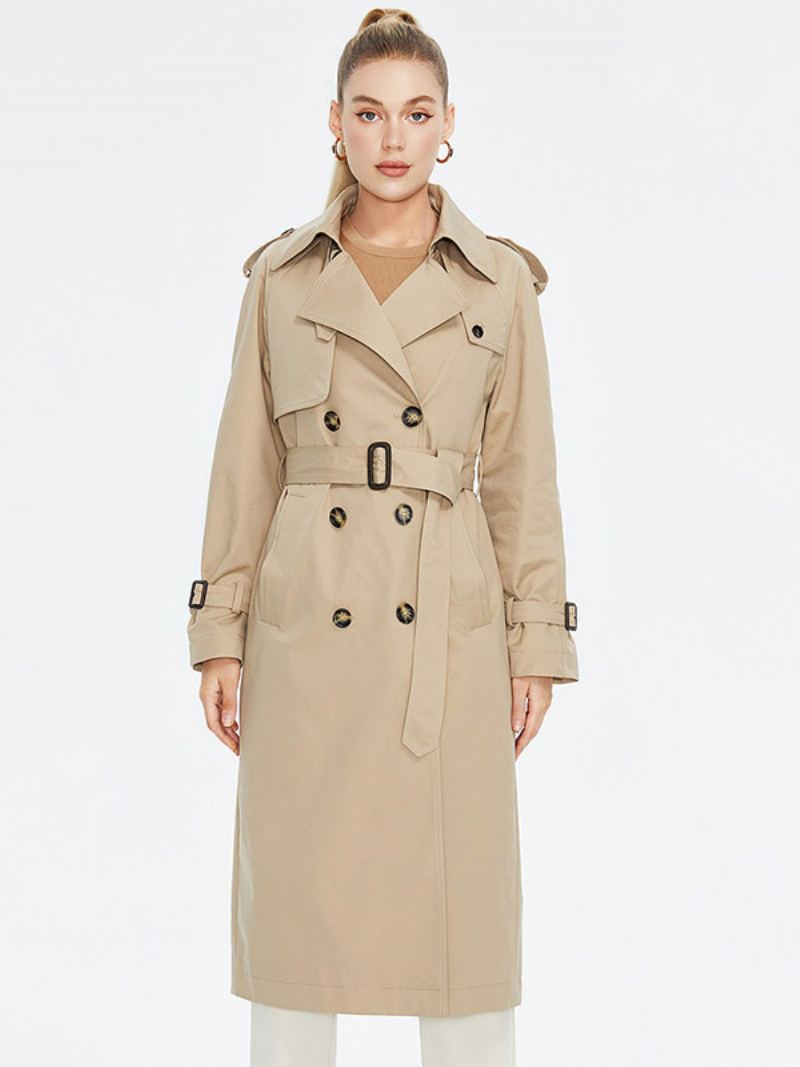 Kvinners Trench Coat Turndown-krage Dobbeltspent Beltede Yttertøy - Khaki