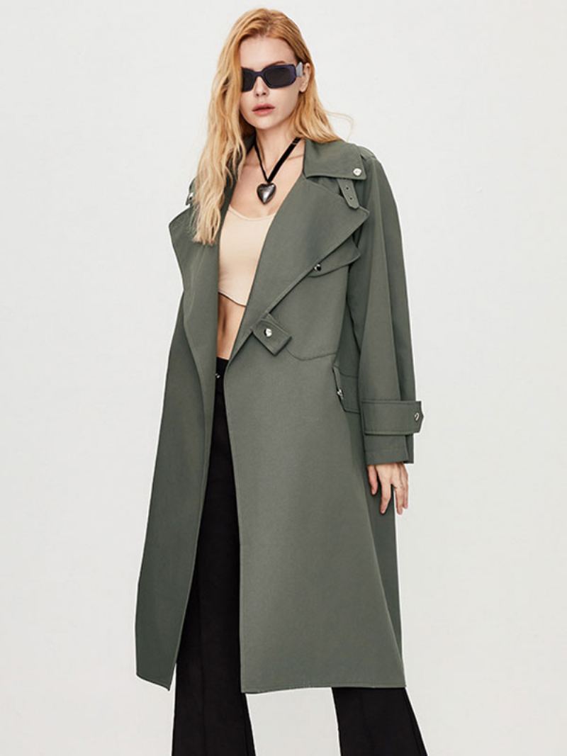 Kvinners Trench Coat Turndown Krage Lange Ermer Knapper Fall Yttertøy - Deep Grey