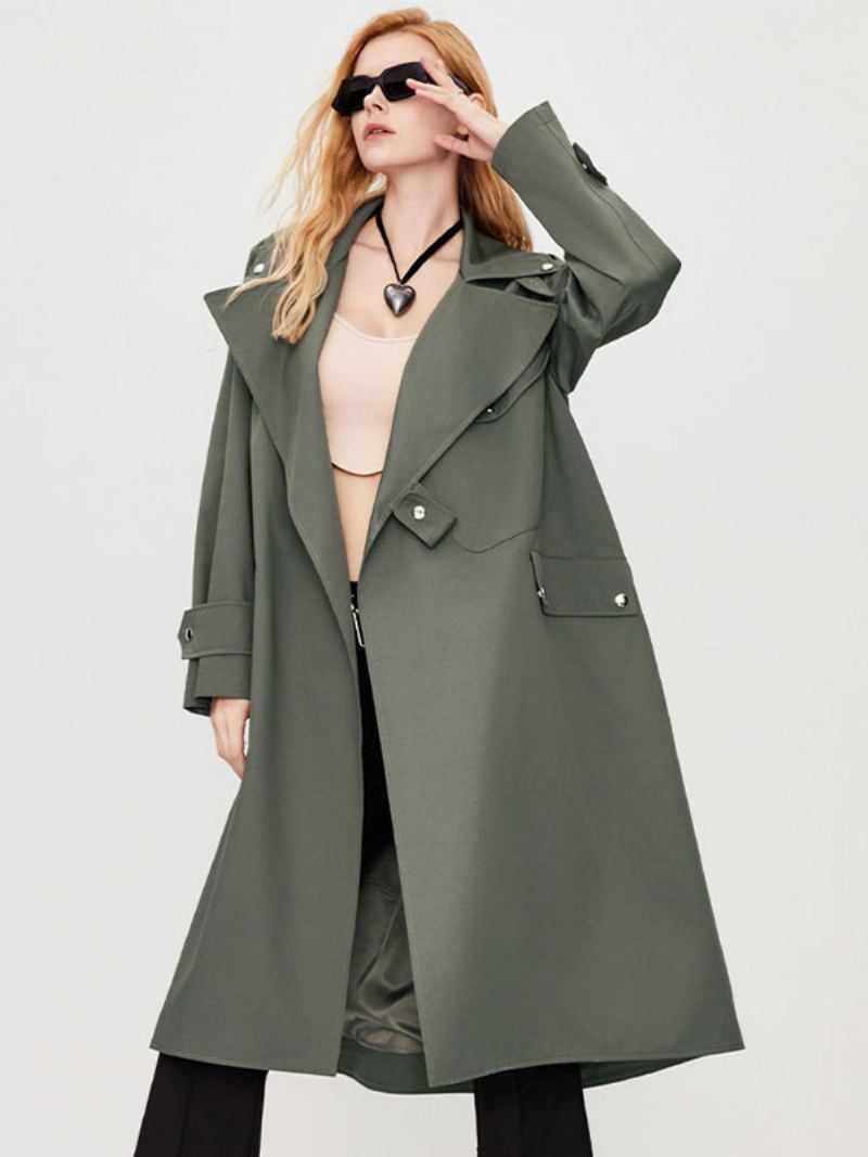 Kvinners Trench Coat Turndown Krage Lange Ermer Knapper Fall Yttertøy - Deep Grey