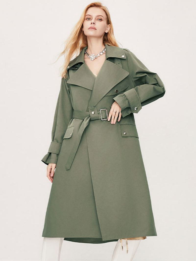 Kvinners Trench Coat Turndown Krage Lange Ermer Knapper Fall Yttertøy - Hunter Green