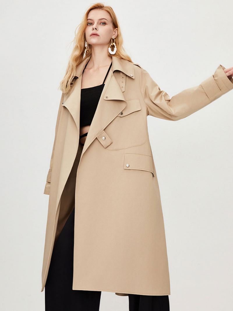 Kvinners Trench Coat Turndown Krage Lange Ermer Knapper Fall Yttertøy - Khaki