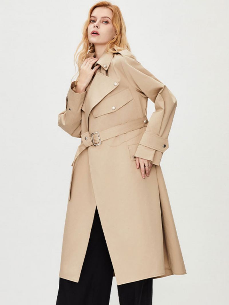 Kvinners Trench Coat Turndown Krage Lange Ermer Knapper Fall Yttertøy - Khaki