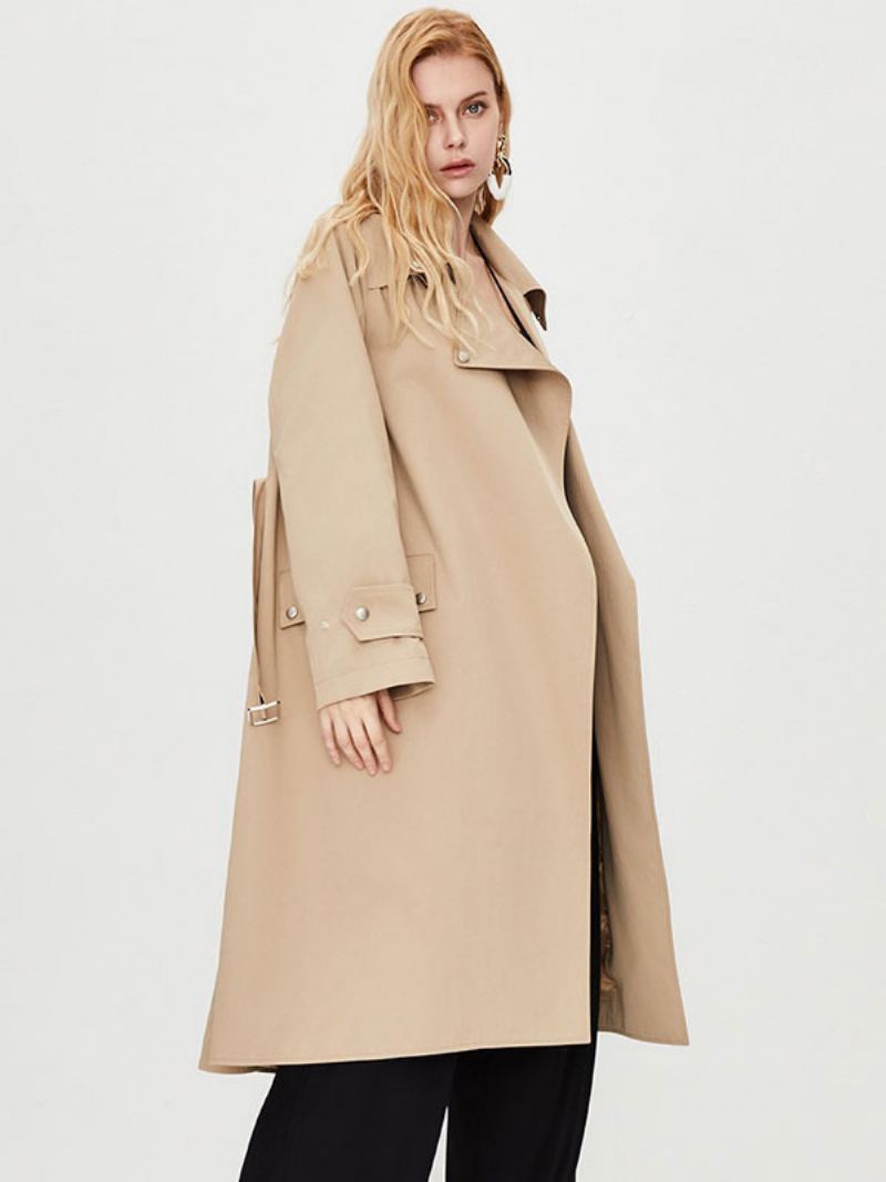 Kvinners Trench Coat Turndown Krage Lange Ermer Knapper Fall Yttertøy - Khaki