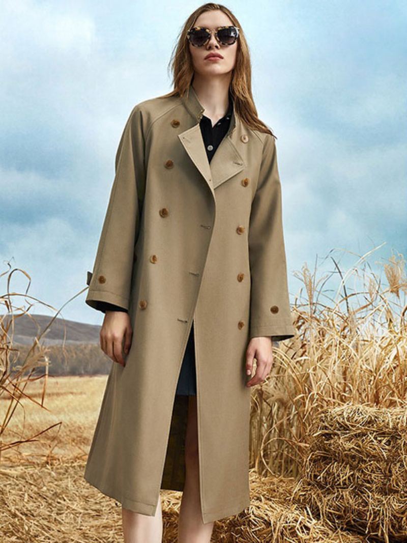 Kvinners Trench Coat Turndown-krage Med Lange Ermer Knapper Sash Yttertøy - Dyp Brun