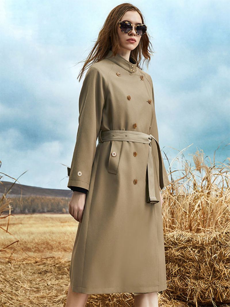 Kvinners Trench Coat Turndown-krage Med Lange Ermer Knapper Sash Yttertøy - Dyp Brun