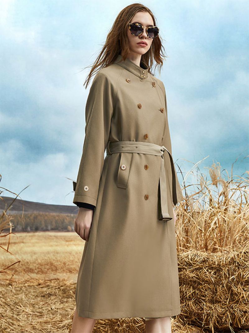 Kvinners Trench Coat Turndown-krage Med Lange Ermer Knapper Sash Yttertøy - Dyp Brun