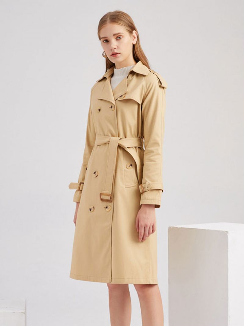 Lang Trenchcoat Khaki Turndown-krage Langermet Jakkeslag Klassisk Dobbelspent Vår Høst Gate Yttertøy For Kvinner