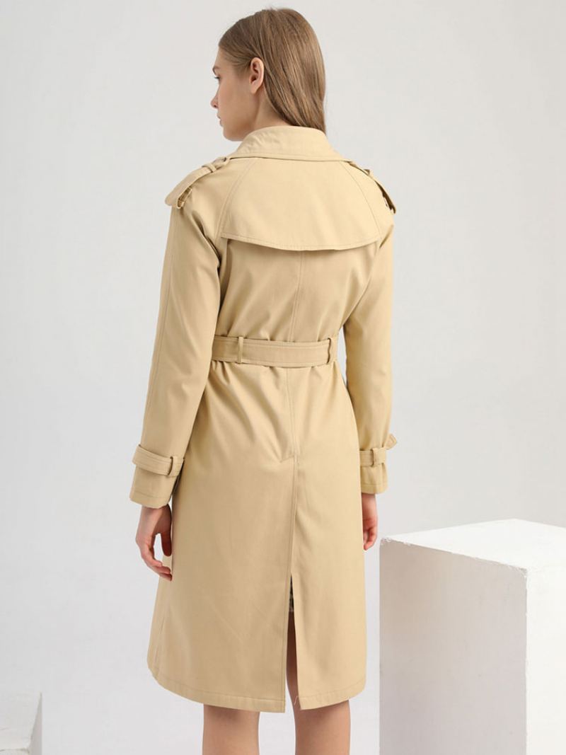 Lang Trenchcoat Khaki Turndown-krage Langermet Jakkeslag Klassisk Dobbelspent Vår Høst Gate Yttertøy For Kvinner - Khaki