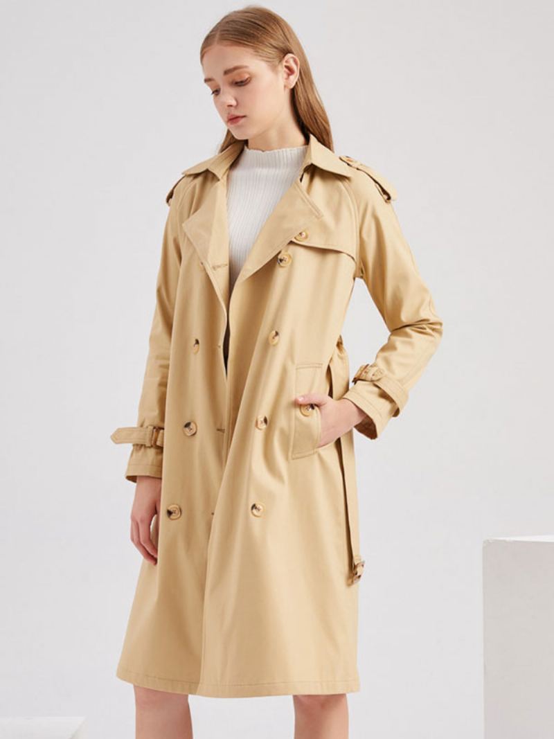 Lang Trenchcoat Khaki Turndown-krage Langermet Jakkeslag Klassisk Dobbelspent Vår Høst Gate Yttertøy For Kvinner - Khaki