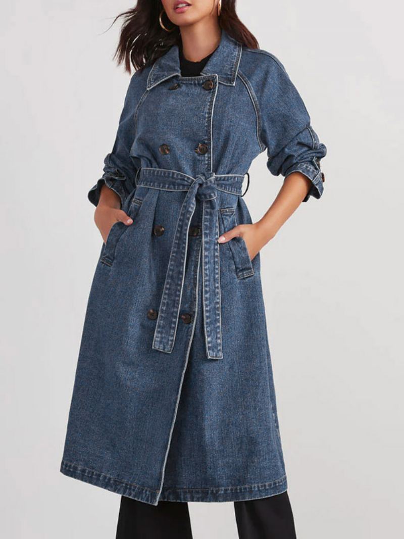 Longline Denim Coat Double Breast Belted Yttertøy For Kvinner - Blå